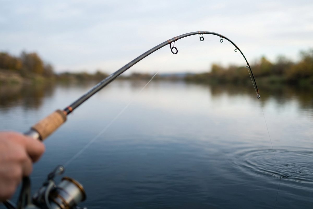 Wędka spinningowa mocno ugięta pod obciążeniem nad rzeką